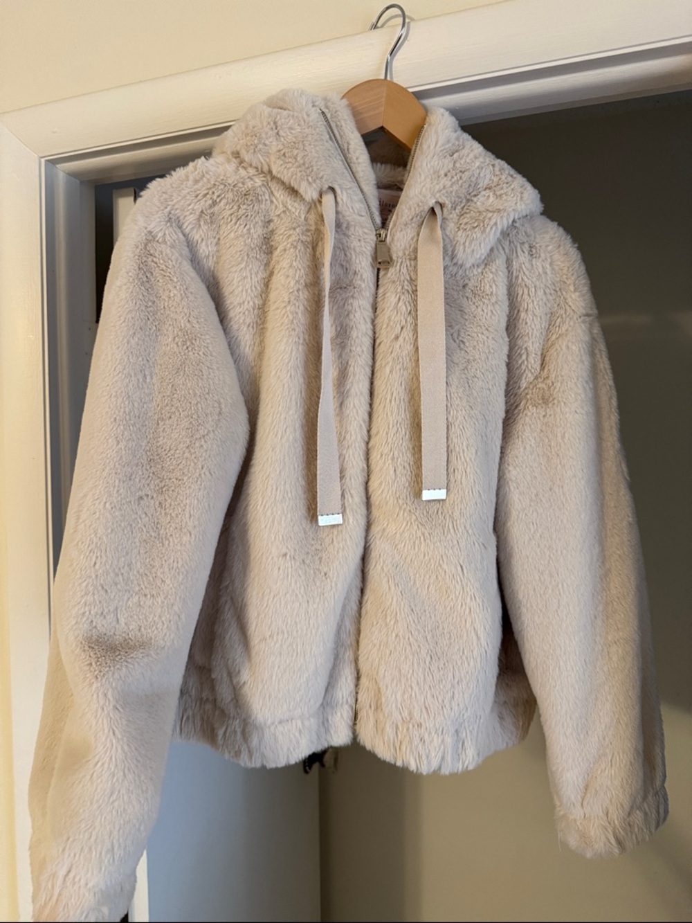 Philosophy Plush Faux Fur Hooded Jacket in Light Beige